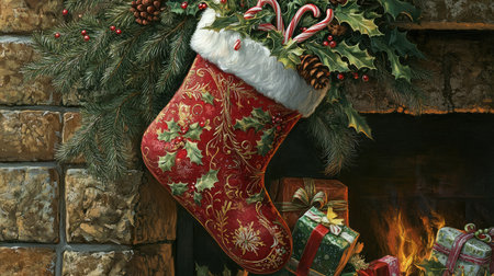 A close-up of a festive Christmas stocking filled with candy canes, small gifts, and greenery, hanging from a mantel.の素材