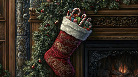 A close-up of a festive Christmas stocking filled with candy canes, small gifts, and greenery, hanging from a mantel.の素材