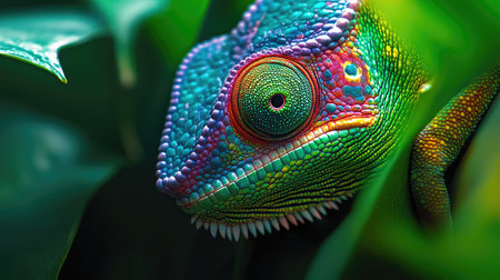 A close-up of a vibrant chameleon blending seamlessly into its leafy green surroundings.の素材