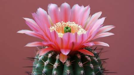 A close-up of a pink cactus flower in bloom, showcasing its vibrant color and delicate petals, against a muted pink background.の素材