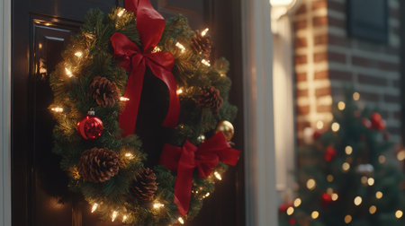 A close-up of a festive holiday wreath adorned with red ribbons, pinecones, and ornaments, hanging on a front door.の素材