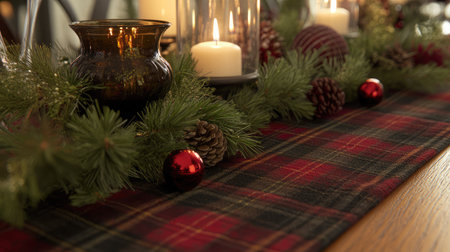 A close-up of a festive holiday table runner with a plaid pattern, adorned with candles and greenery.の素材