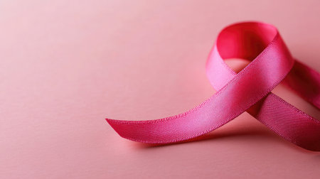A close-up of a pink ribbon forming a loop, symbolizing breast cancer awareness, set against a plain pink background.の素材