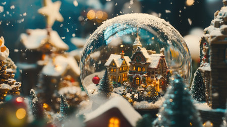 A close-up of a snow globe featuring a miniature Christmas village, with snow gently falling inside.の素材