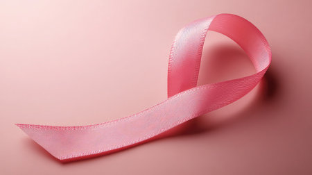 A close-up of a pink ribbon forming a loop, symbolizing breast cancer awareness, set against a plain pink background.の素材