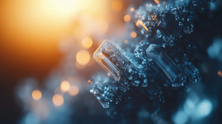 A close-up of a frosted windowpane with intricate ice crystal formations catching the soft morning light.の素材