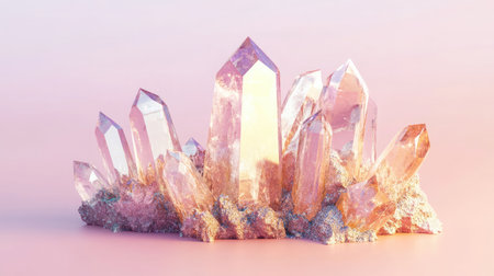 A close-up of a pink quartz crystal cluster, highlighting its natural facets and translucence, on a soft pink background.の素材