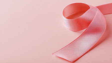 A close-up of a pink ribbon forming a loop, symbolizing breast cancer awareness, set against a plain pink background.の素材