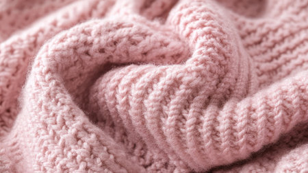 A close-up of a pink knitted fabric texture, showcasing intricate patterns and soft fibers, filling the entire frame.の素材