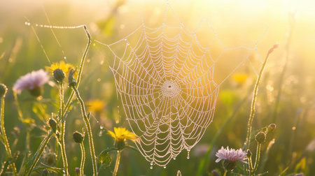 A close-up of a dewdrop-laden spider web glistening in the early morning light, suspended between delicate wildflowers.の素材