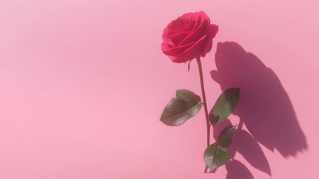 A close-up of a single delicate pink rose in full bloom, with soft petals and subtle shadows, set against a smooth pastel pink background.の素材