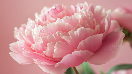 A close-up of a pink peony in full bloom, showcasing its layered petals and rich color, on a soft pink background.の素材