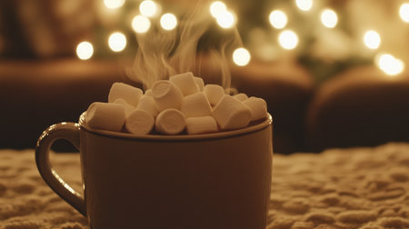 A close-up of a steaming mug of hot cocoa topped with marshmallows, set against a backdrop of twinkling Christmas lights.の素材