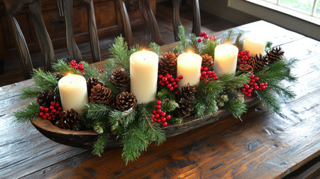 A close-up of a festive holiday centerpiece with candles, pinecones, and red berries on a rustic wooden table.の素材
