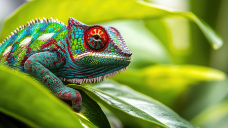 A close-up of a vibrant chameleon blending seamlessly into its leafy green surroundings.の素材