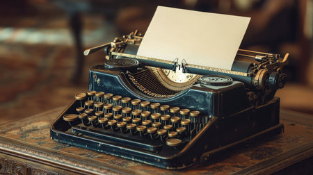 A close-up of a vintage typewriter with a blank sheet of paper inserted, ready for the next great story.の素材