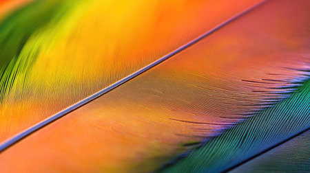 A close-up of a vibrant parrot feather showcasing its brilliant colors and intricate patterns.の素材