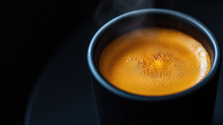 A close-up shot of a steaming cup of espresso in a black porcelain cup, set against a black background to focus on the rich coffee tones.の素材