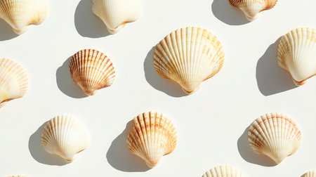 A collection of seashells arranged in a pattern on a white background, emphasizing their unique shapes and textures.の素材