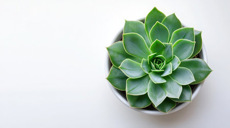 A close-up shot of a succulent plant in a minimalist white pot, placed on a white background to accentuate its green hues and geometric shape.の素材