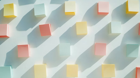 A collection of colorful sticky notes arranged in a grid pattern on a white background, representing organization and planning.の素材