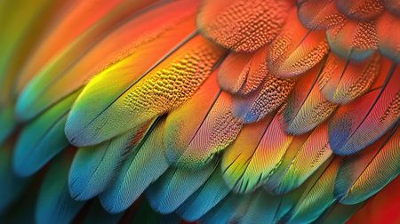 A close-up of a vibrant parrot feather showcasing its brilliant colors and intricate patterns.の素材