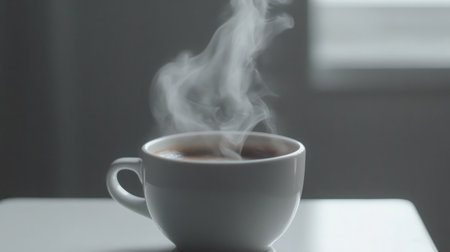 A close-up shot of a steaming cup of espresso in a white porcelain cup, set against a white background to focus on the rich coffee tones.の素材