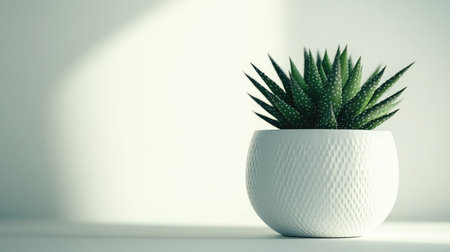 A close-up shot of a succulent plant in a minimalist white pot, placed on a white background to accentuate its green hues and geometric shape.の素材