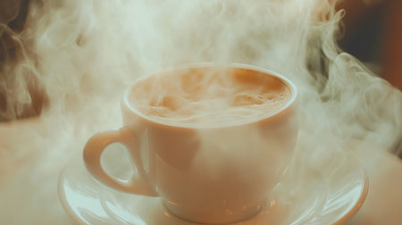 A close-up shot of a steaming cup of espresso in a white porcelain cup, set against a white background to focus on the rich coffee tones.の素材