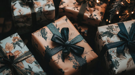 A close-up of beautifully wrapped Christmas gifts with ornate bows, placed beneath a twinkling Christmas tree.の素材