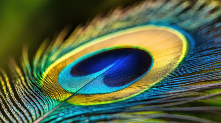 A close-up of a vibrant peacock feather displaying its intricate patterns and iridescent colors.の素材