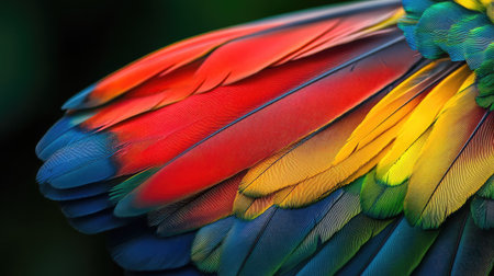 A close-up of a vibrant parrot feather showcasing its brilliant colors and intricate patterns.の素材