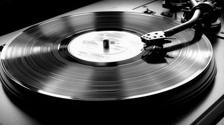 A close-up of a vintage vinyl record spinning on a turntable, with the needle gently gliding along the grooves.の素材