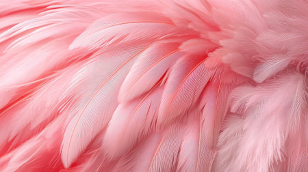 A close-up shot of a pink flamingo feather, highlighting its delicate texture and vibrant hue, set against a soft pink background.の素材