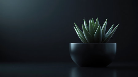 A close-up shot of a succulent plant in a minimalist black pot, placed on a black background to accentuate its green hues and geometric shape.の素材