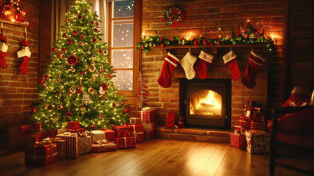 A cozy living room adorned with a decorated Christmas tree, glowing fireplace, and stockings hung on the mantel, creating a warm holiday atmosphere.の素材