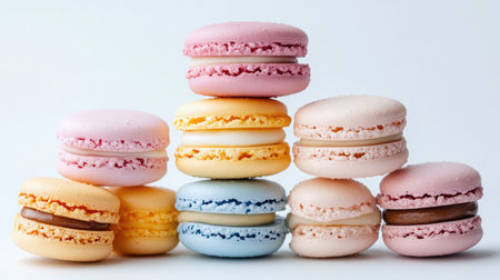 A collection of colorful macarons stacked in a pyramid on a white background, showcasing their delicate textures and pastel hues.の素材