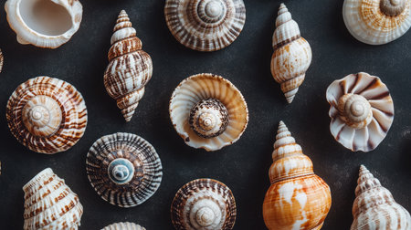 A collection of seashells arranged in a pattern on a black background, emphasizing their unique shapes and textures.の素材