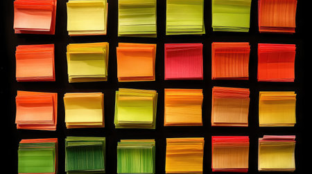 A collection of colorful sticky notes arranged in a grid pattern on a black background, representing organization and planning.の素材