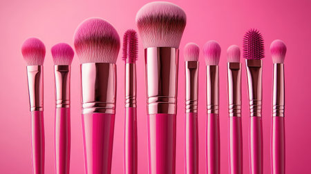 A collection of pink makeup brushes and cosmetics, artistically arranged on a gradient pink background.の素材