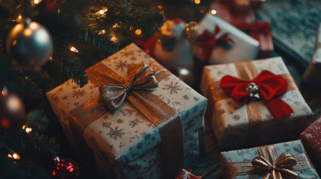 A close-up of beautifully wrapped Christmas gifts with ornate bows, placed beneath a twinkling Christmas tree.の素材
