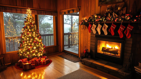 A cozy living room adorned with a decorated Christmas tree, glowing fireplace, and stockings hung on the mantel, creating a warm holiday atmosphere.の素材