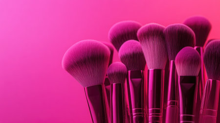 A collection of pink makeup brushes and cosmetics, artistically arranged on a gradient pink background.の素材