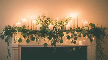 A cozy fireplace mantel decorated with garlands of greenery, twinkling fairy lights, and an assortment of scented candles in decorative holders.の素材