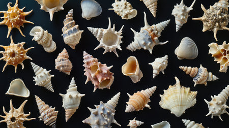 A collection of seashells arranged in a pattern on a black background, emphasizing their unique shapes and textures.の素材