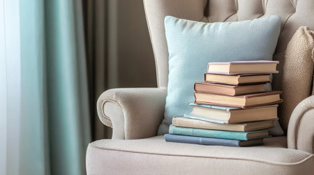 A cozy nook with a plush armchair, surrounded by pastel-colored cushions and a stack of whimsical storybooks, bathed in soft, natural light.の素材