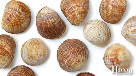 A collection of seashells arranged in a pattern on a white background, emphasizing their unique shapes and textures.の素材