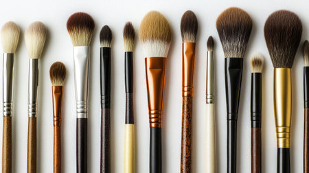 A collection of makeup brushes with different shapes and sizes, laid out on a white background to emphasize their textures and bristles.の素材