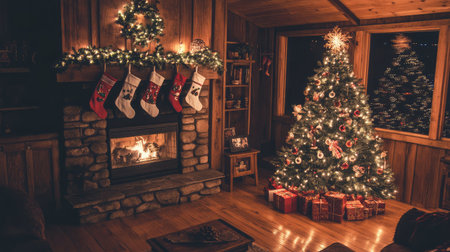 A cozy living room adorned with a decorated Christmas tree, glowing fireplace, and stockings hung on the mantel, creating a warm holiday atmosphere.の素材