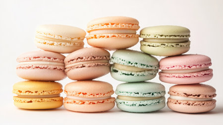 A collection of colorful macarons stacked in a pyramid on a white background, showcasing their delicate textures and pastel hues.の素材